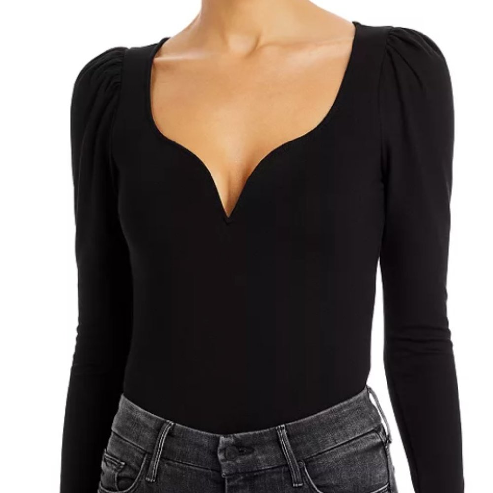 AQUA Puff Sleeve Sweetheart Neck Bodysuit in Black - Size S